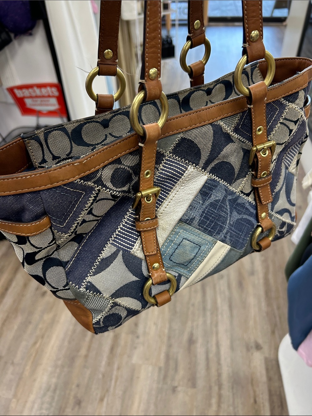 Coach Patchwork Denim & Brown Leather Tote Rare
